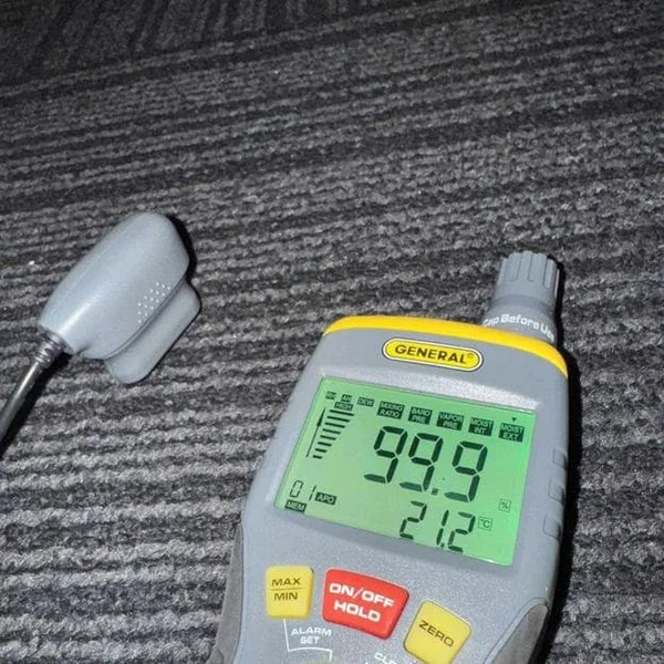 Moisture meter showing the initial Park Hyatt reading