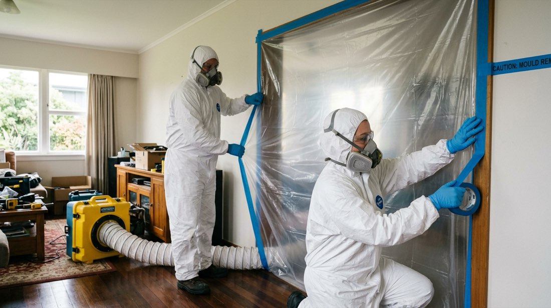 iDry technicians in Tyvek suits and respirators setting up a poly containment barrier with blue tape before mould remediation in an Auckland property
