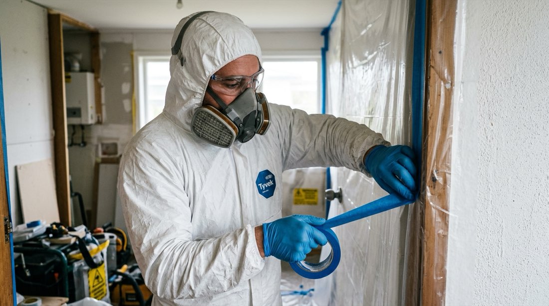 iDry Restorations technician in Tyvek PPE and respirator sealing a plastic containment barrier with blue painter's tape during an Auckland mould remediation job
