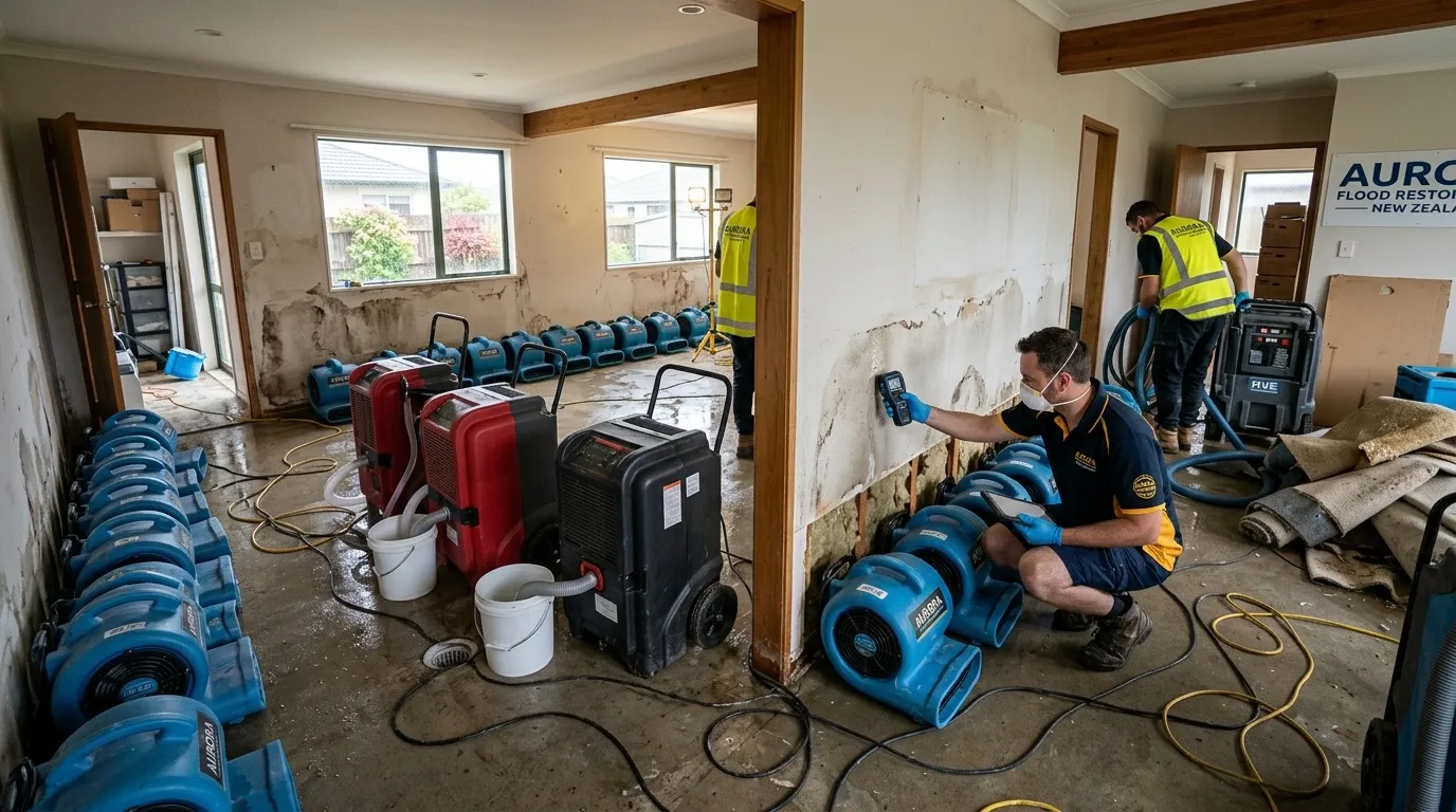 Professional flood damage restoration equipment drying a flooded Auckland living room